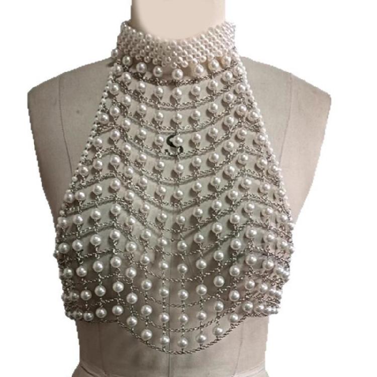 Pearls Body Chain Bra Multilayer Pearls Chest Chains Body Accessories Jewelry for Women Nightclub Raves Body Jewelry