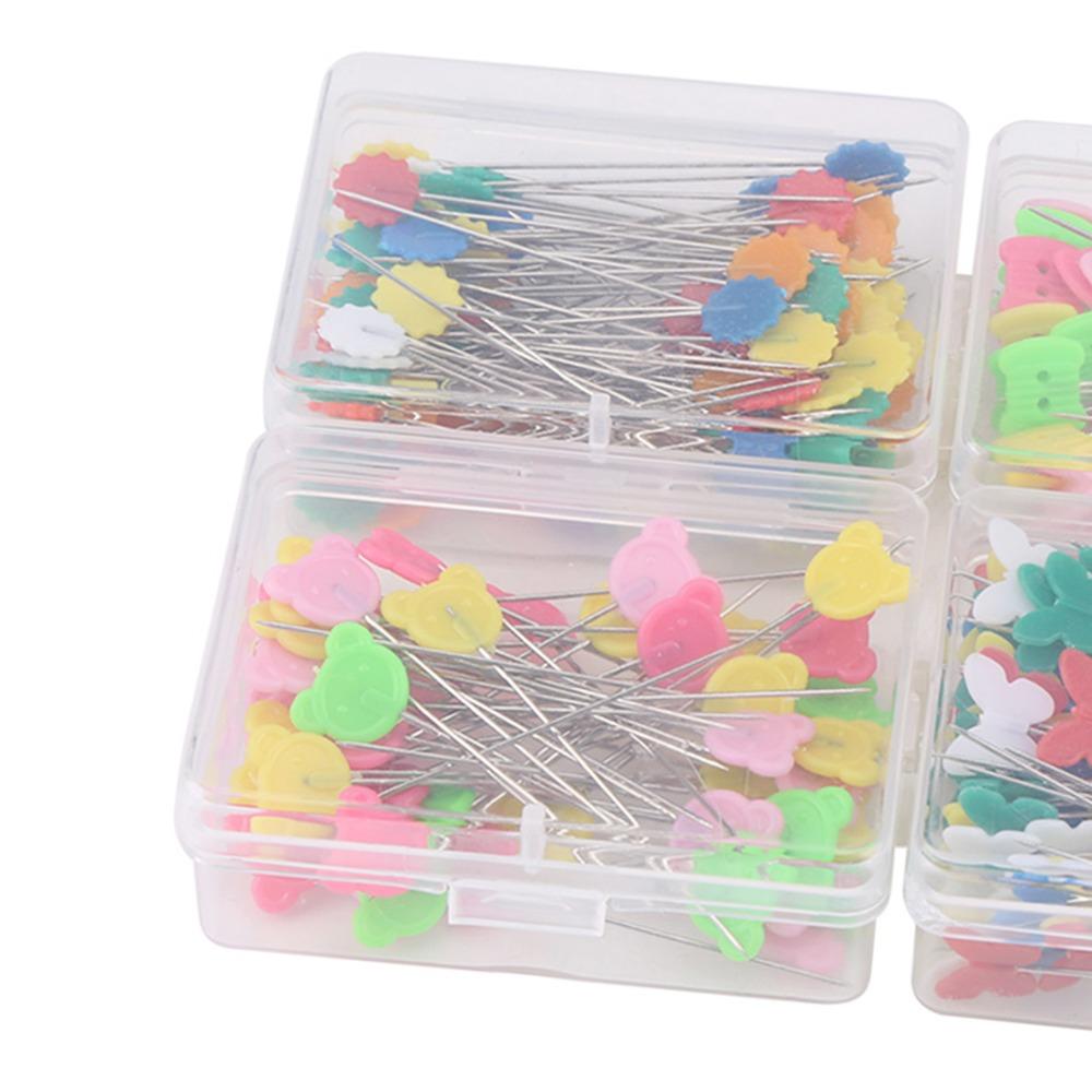 300PCS Colored Head Flower Button Head Pins Flower Shaped Butterfly Shaped Quilting Pins Flat Button Storage Box