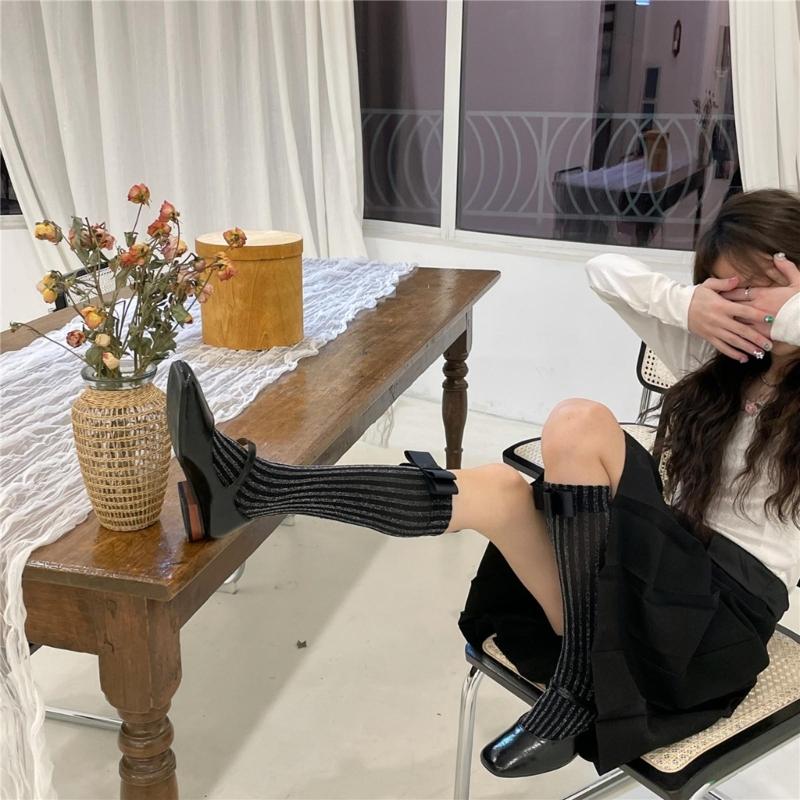 Delicate Women Girls Lace Calf Socks Spring Summer Calf Socks Under Knee Stocking Antiskid Bowknot Decor Knee Sock