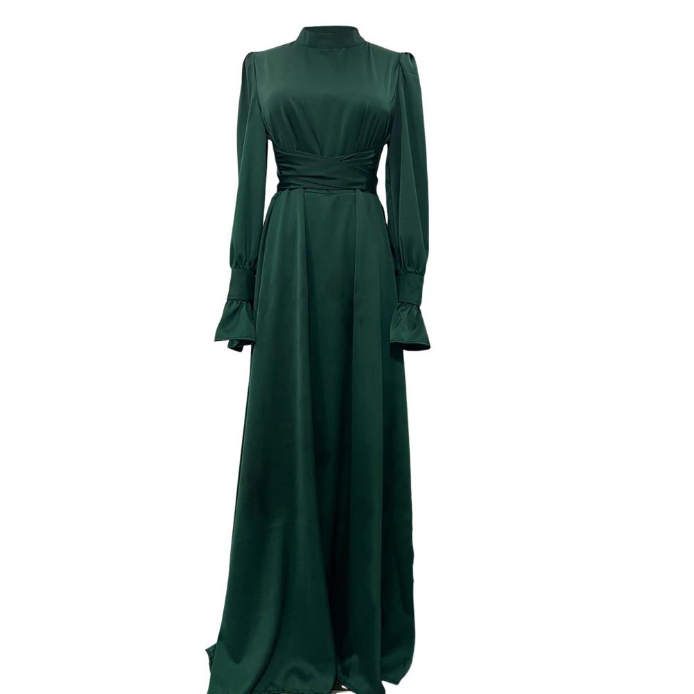 Fall Spring Lady Dress Puff Sleeves Tight Waist Stand Collar Pure Color A-line Pleated Shopping Commuting Party Prom Maxi Dress