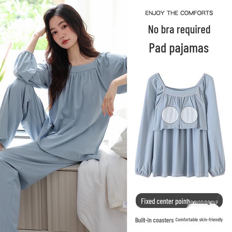 

Women s Autumn Long Sleeve Cotton Pajama Set with Chest Pad - Loose Fit, Solid Color for Middle-Aged and Young XXL (Height 170-175 cm, Weight 140-160 lbs)