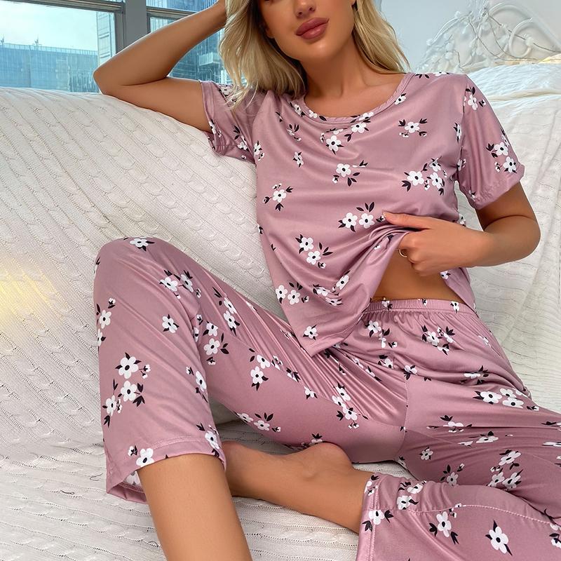 Women's Casual Pajamas Set Autumn Short Sleeve Round Neck Tops & Pants Sleepwear 2 Piece Soft Comfortable Relaxed Fit Loungewear
