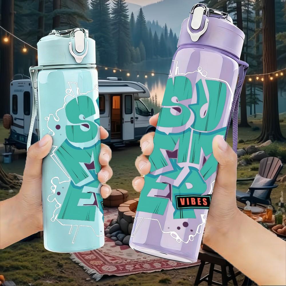 1PC Korean Hangul Text Minimalist Art Print 750ml Color Plastic Sports Water Bottle Leakproof Flip Straw Lid Suitable for Sports Office Home Use