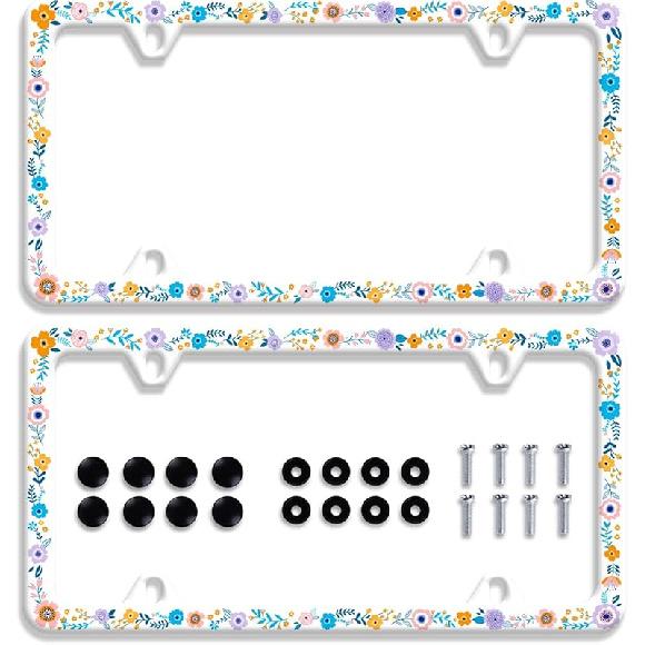 Colorful Flowers License Plate Frame Colorful Wildflower Floral License Plate Frames Stainless Steel Accessories Cars Decor With 4 Holes And Screws