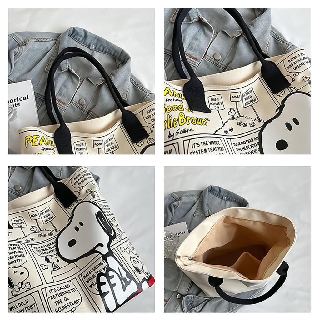 [hgTUP] Snoopy Tote Bag, Canvas Tote Bag, Large Capacity, Snoopy Shoulder Bag, Canvas Tote Bag with Zipper and Interior Pocket, Eco Bag, Meeting Bag,