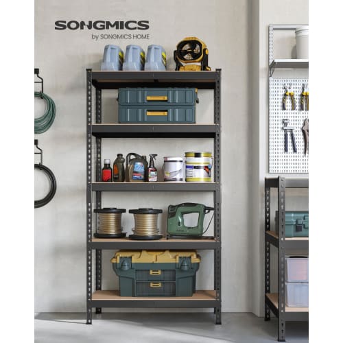 SONGMICS 5-Tier Steel Rack, 90cm Wide, Open Shelving Unit, Stylish Kitchen Storage Rack, Bookshelf, 875kg Weight Capacity, 180*90*45cm, Black, GLR450B
