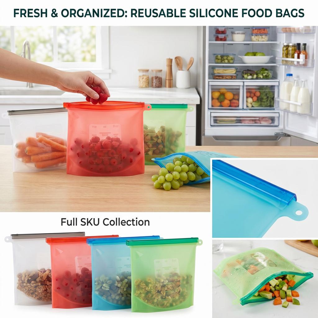 Grandi Sacchetti Riutilizzabili in Silicone per Alimenti con Chiusura a Zip per Verdura e Organizzazione del Frigorifero