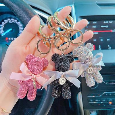Fashion Diamond Bear Keychain Pendant with Creative Letter and Large Round Buckle for Bags