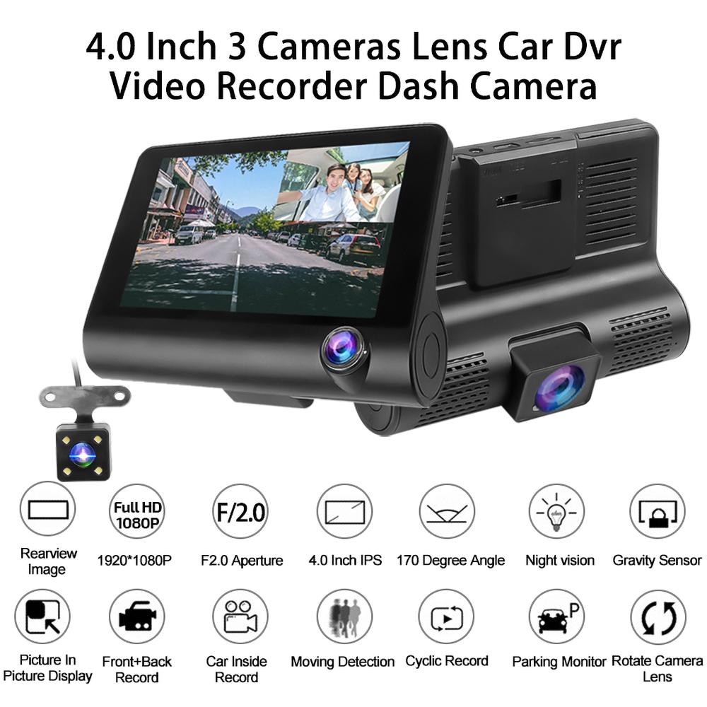 1080P Araba DVR 3 Kamera Lens 4 İnçlik Dikiz Kamerası Geri Görüş Kamerası Dahil TF Kart Video Kaydedici Otomatik Kayıt Cihazı