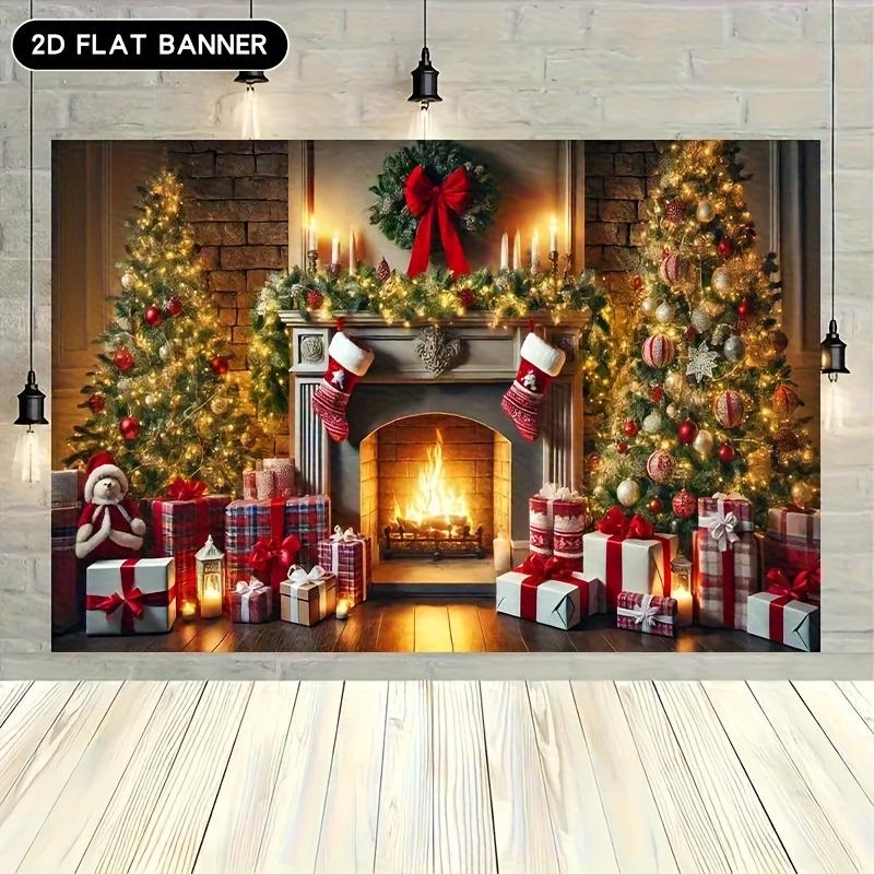 Crăciun Șemineu Vintage Și Brad Decorat Decorațiune Fundal Iarnă Decorațiuni Fundal Pentru Studio Foto Cabina Foto Petrecere de Crăciun
