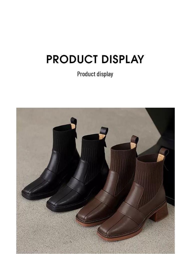 Botine de damă cu toc gros pentru toamna/iarna 2025 - Stil coreean plus catifea, calde, tip șosetă, botine Martin în stil britanic pentru studenți