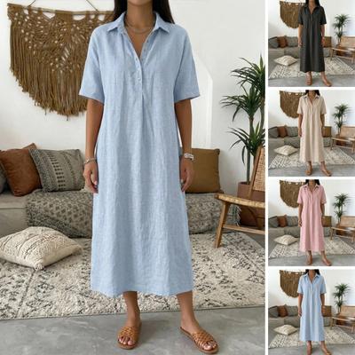 Summer Cotton Linen Dress for Women Short Sleeve Button Up Lapel Midi Dress Casual Flowy A-Line Loose Vacation Dress