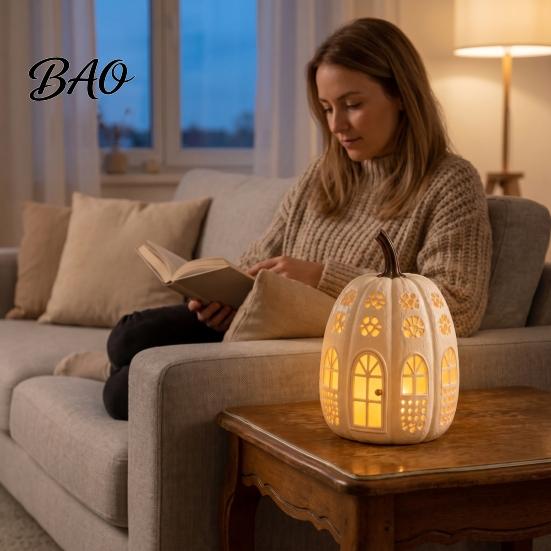 Decorative Pumpkin Sculpture Lighted Cottage Ornament, Flickering Tabletop Lamp, Light-Up Small Desktop Ornament for Autumn Farmhouse Fall Centerpiece
