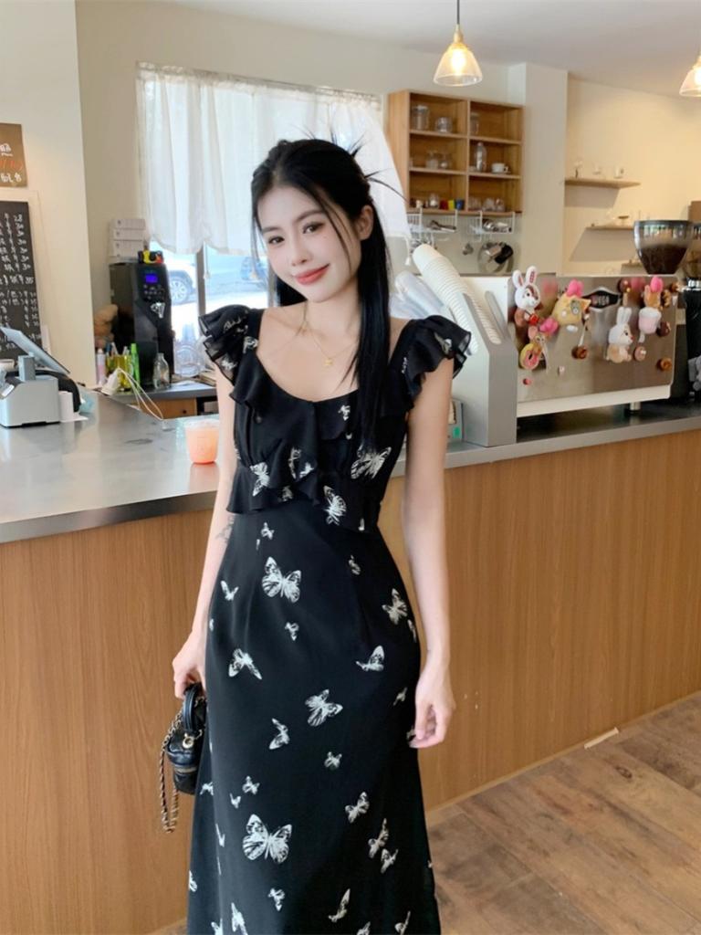[Double layer + inner lining] Xiaofei sleeve butterfly suspender dress children's summer French temperament is beautiful, waist length