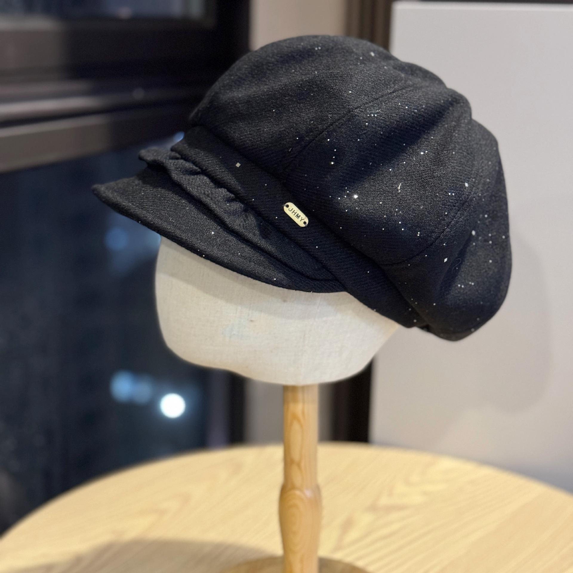 

New fashion sequined pleated edge woolen newsboy cap for women, Japanese style, sweet and cute, makes the face look smaller, simple and trendy Adult54-60Adjustable чёрный