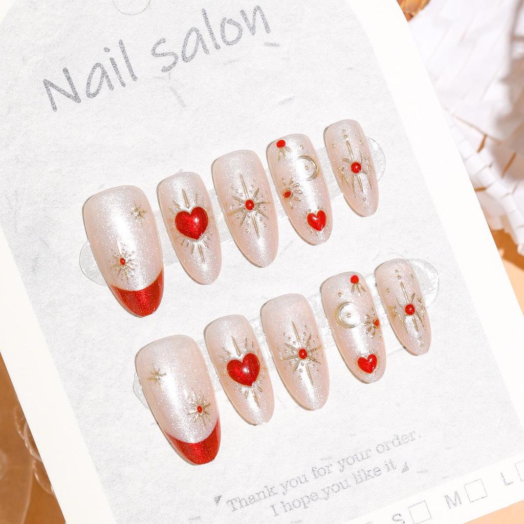 Red Heart Gem Short Almond Baroque Cat Eye Nail Stickers