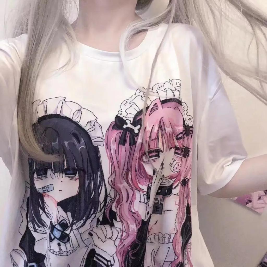TrendHub Y2k Aesthetic Cute Cartoon Print Round Neck Short-sleeved T-shirt Women Casual Loose Top Japanese Kawaii Tees