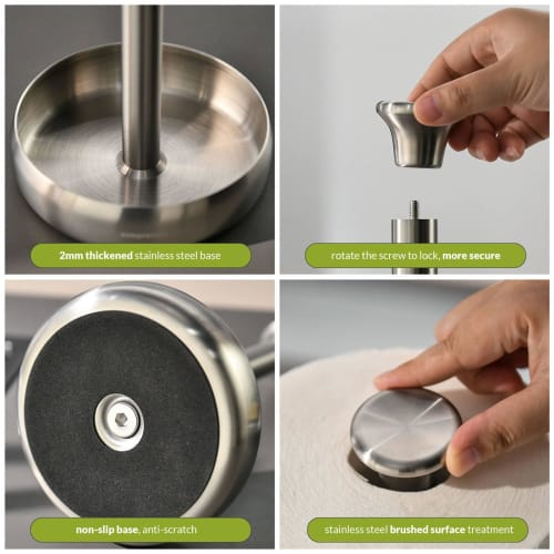 Simpletome Kitchen Paper Holder, Tabletop, One-Hand Tear, Rolled-Up Storage, Weighted Base (304 Brushed Silver)