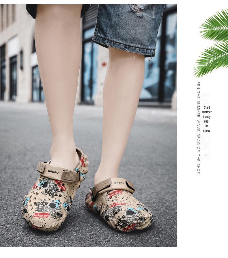 Sandale EVA cu talpă groasă și imprimeu graffiti pentru bărbați: Încălțăminte versatil cu găuri pentru vad și plajă