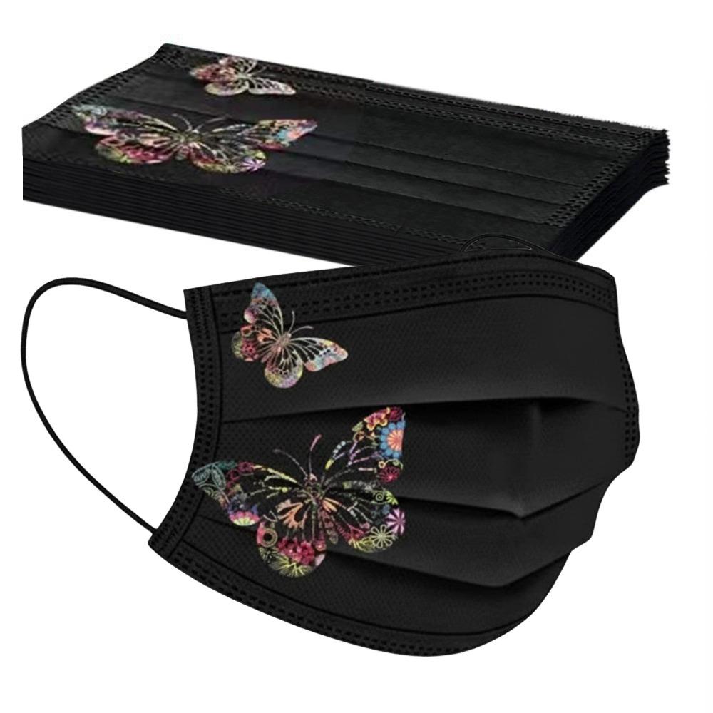 10pcs Colorful Butterfly Print Disposable Face Mask Black Three-layer Anti Dust Mask Non-woven Fabric Breathable