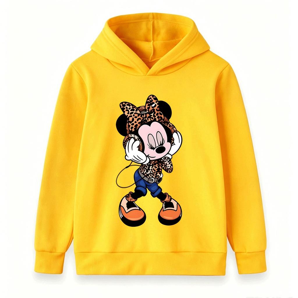 Kids Boys Girls Pullover Hoodie, Trendy Leopard Print Mouse Cartoon Pattern Casual Long Sleeve Hooded Sweatshirt, Soft Warm Streetwear Tops Daily Wear