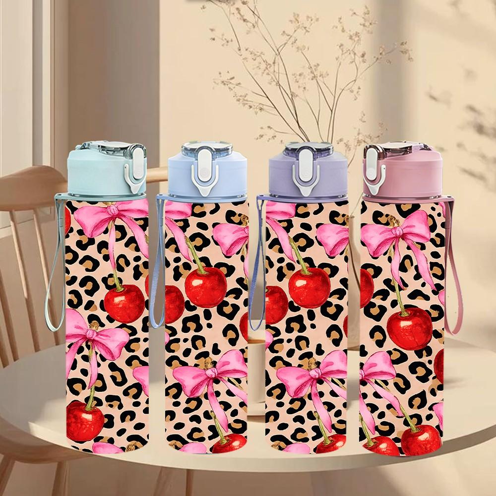 1PC Leopard Print Red Cherry Fruit Print 750ml Color Plastic Sports Water Bottle Leakproof Flip Straw Lid Suitable for Sports Office Home Use