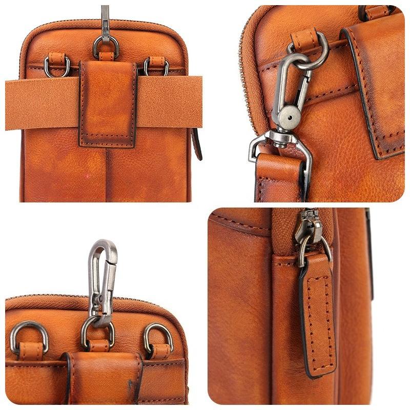 Real Leather Messenger Bag, Cowhide Phone Case, Handcrafted Single-shoulder Crossbody Bag, Men's Retro Bag Casually