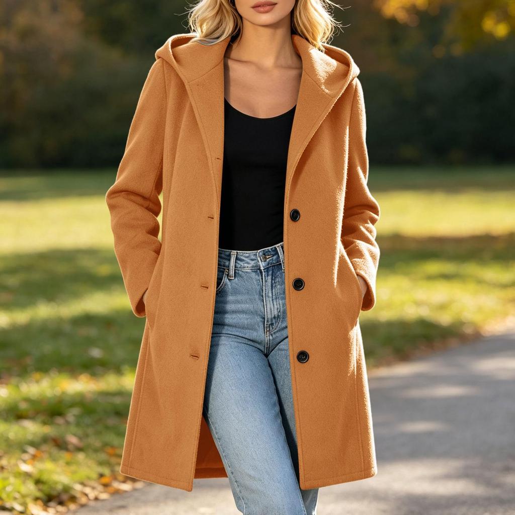 Women's Casual Hooded Single-Breasted Long Woolen Overcoat for Fall and Winter Everyday Wear