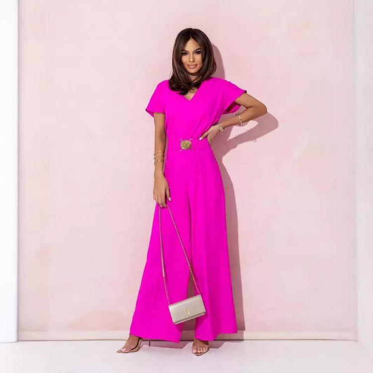 Polka Dot Wide Leg Jumpsuit Sexy Slim Waist Short Sleeve Dolman Neck Solid Color Trousers