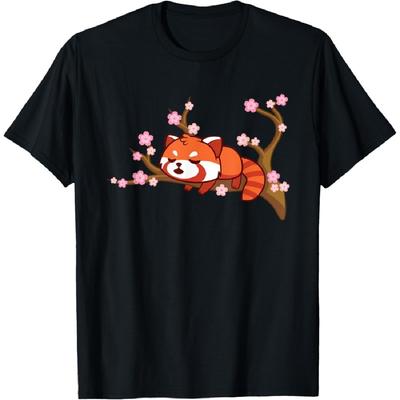Rolig Röd Panda Kawaii Japansk Körsbärsblom Blomma Gåvor T-shirt