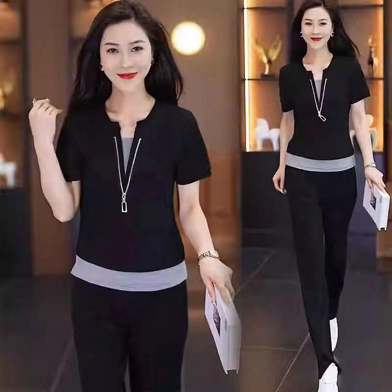 Short-sleeved Casual Sports Suit for Women, Summer Fashion, Age-reducing Vacation, Two-piece Top, Straight-leg Pants, Two-piece Set