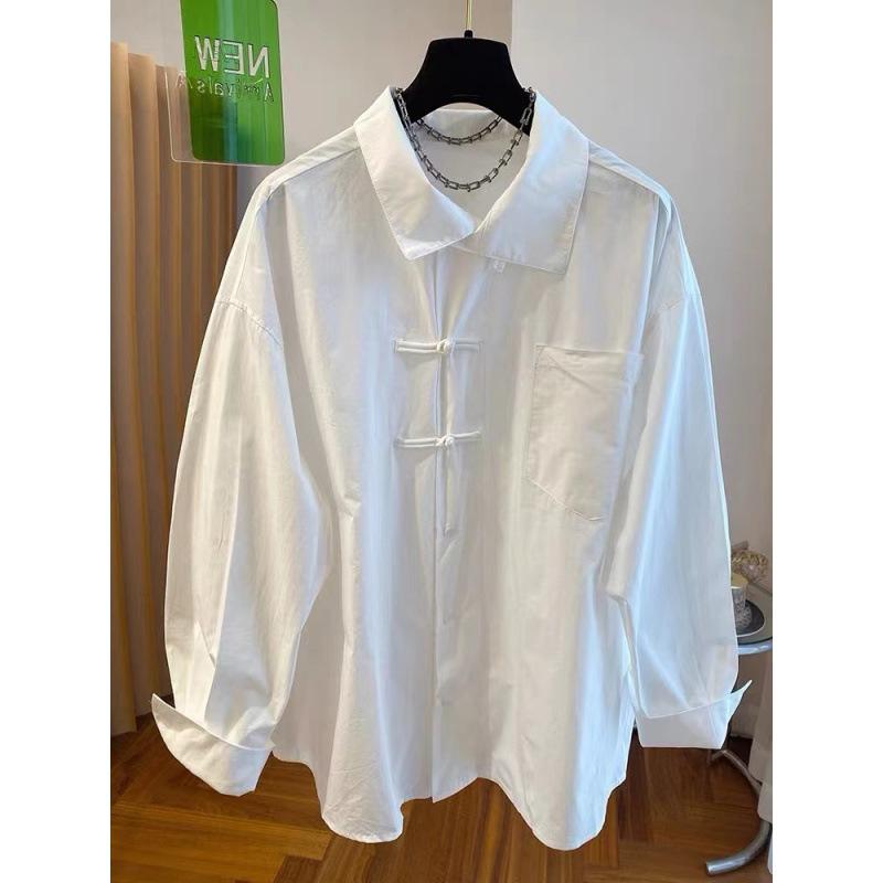 Pohodlná a všestranná retro nová čínská košile s dlouhým rukávem a bílá košile s národním větrem a zapínáním na knoflíky, dámský designový smysl, volná všestranná košile