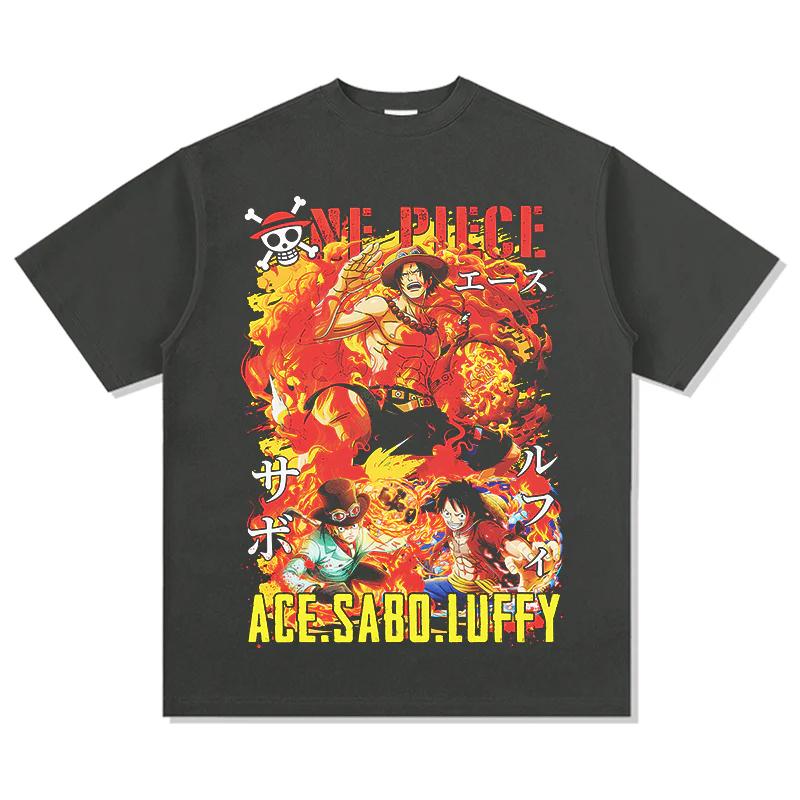 One Piece Ace Sabo Luffy TShirt Men Women Relaxed 100 Cotton Loose Fit Crew Neck Street Style Short Sleeve Graphic Tee