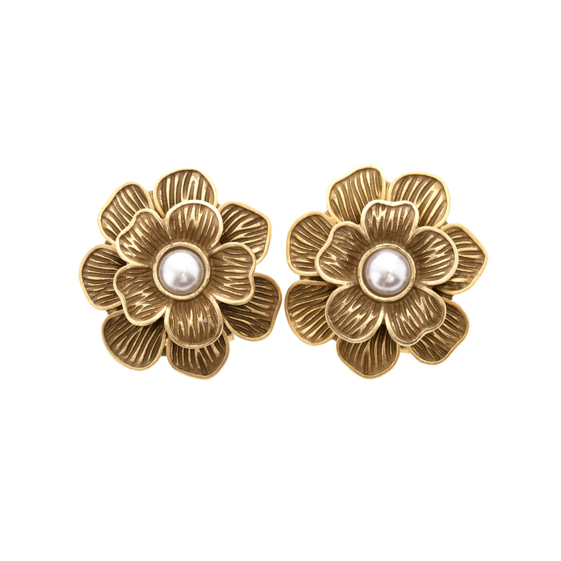 Retro Flower Beaded Pearl Stud Earrings Antique Collarbone Chain Fashion High-End Earrings