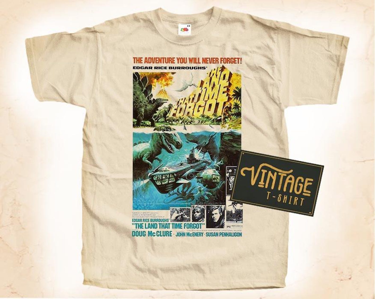 The Land that Time Forgot T-Shirt Tee Natural Vintage Cotton Movie Poster Beige All Sizes S M L XL 2X 3X 4X 5X 3XL