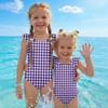 Girls One Piece Swimsuit Plaid Print Sleeveless Ruffled Shoulder Swimwear Kids Casual Summer Bathing Suit