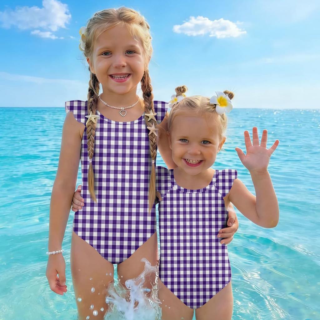 Girls One Piece Swimsuit Plaid Print Sleeveless Ruffled Shoulder Swimwear Kids Casual Summer Bathing Suit