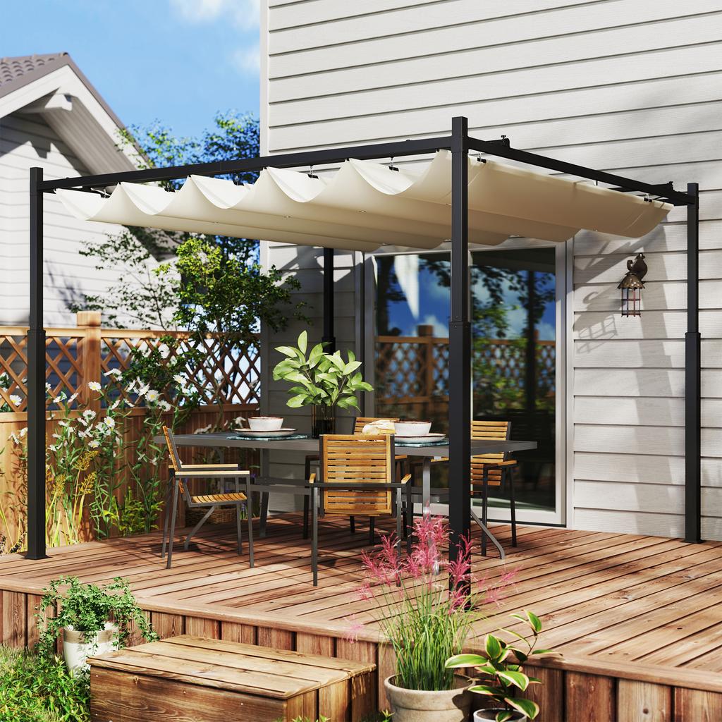 Gazebo Pergola 3x3 M with Retractable Canopy, 8 Screws and 8 Stakes, In 180g Polyester and Metal, Cream White
