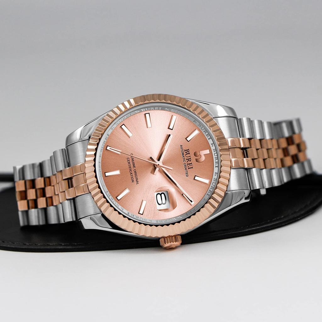 BUREI Automatic Popular for Date Luminous and Rose Men's Watch, Waterproof, Analog, Mechanical, Business, Display, Simple, Casual, (Silver Gold)