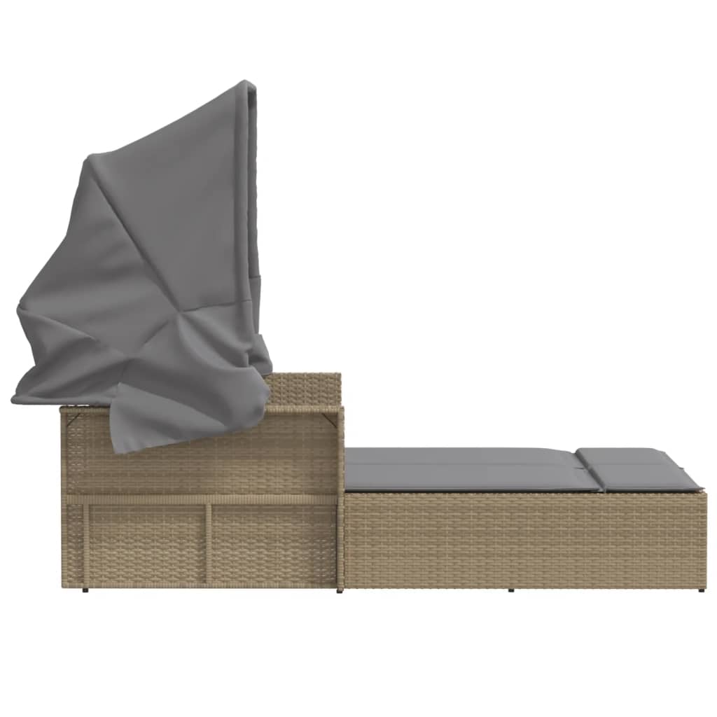Vidaxl Double Sun Lounger with Canopy and Cushions, Mixed Beige
