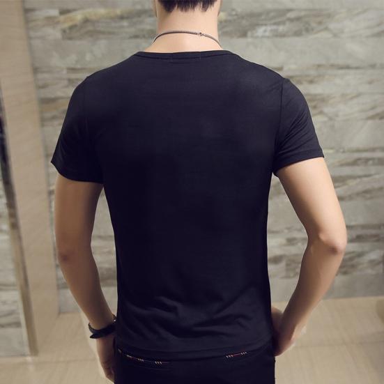 V-Neck Short Sleeve Thin Men T-shirt Summer Solid Color Slim Fit Tee Top Streetwear