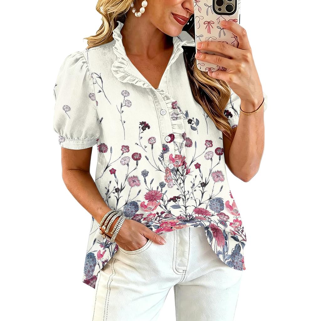 Women's Fashion Casual Ruffle V-Neck Print Blouse for Summer
