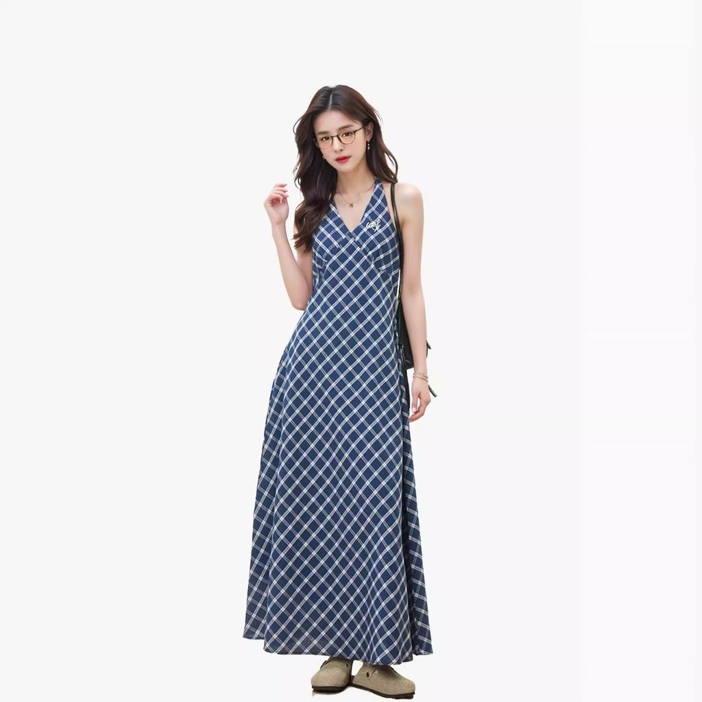 [With Embroidery] Retro Plaid Dress Women's Spring New Thin Temperament Design Sense Advanced Neck Skirt