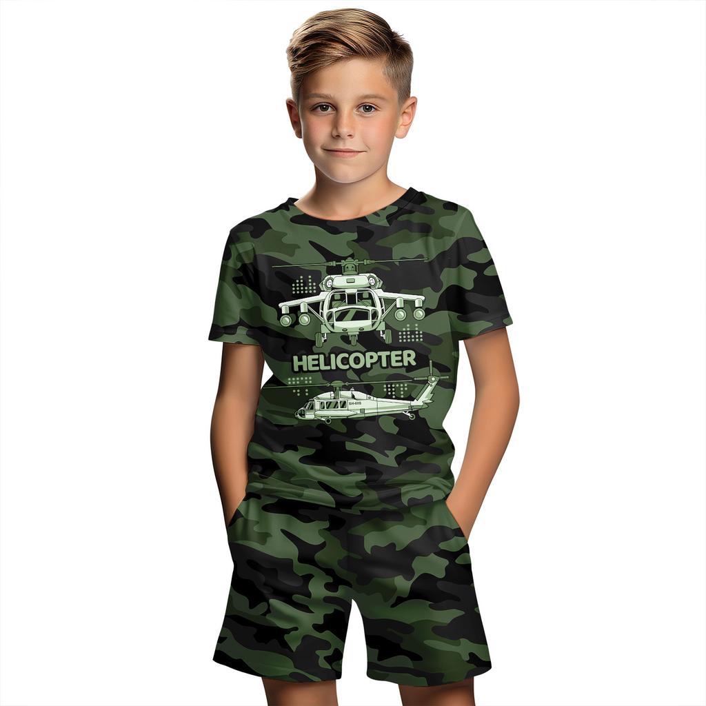 Summer Round Neck 3D Camouflage Printed Set Fashionable and Casual Short Sleeved Shorts Children's Boy Clothing Sets