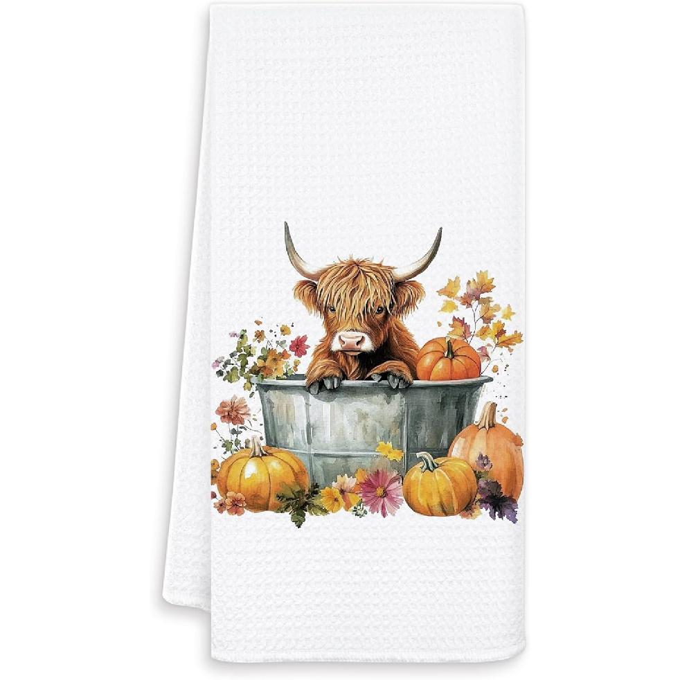 Fall Pumpkin Cow Kitchen Towels, Rustic Farm Animal Floral Pumpkin Dish Tea Towel for Kitchen Decor, Farmhouse Fall Autumn Hand Towels for Bathroom