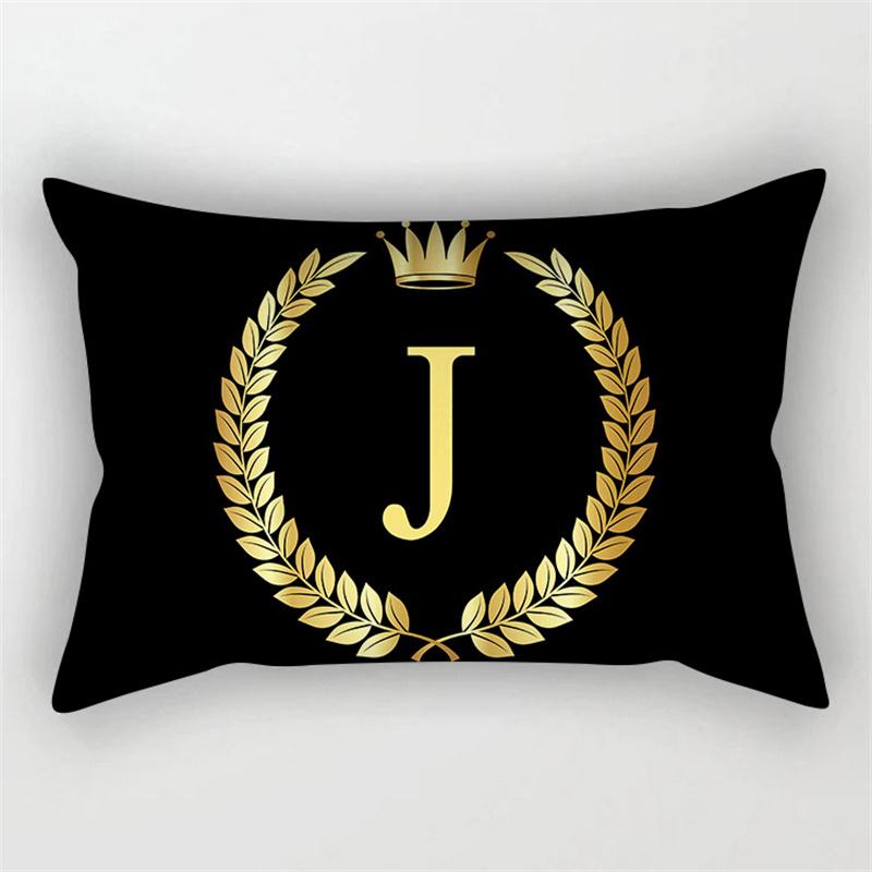 Gold Color Letter Cushion Cover 30x50cm Rectangle Pillow Case Crown Leaves Plant Polyester Black Sofa Pillow Cover Home Decor