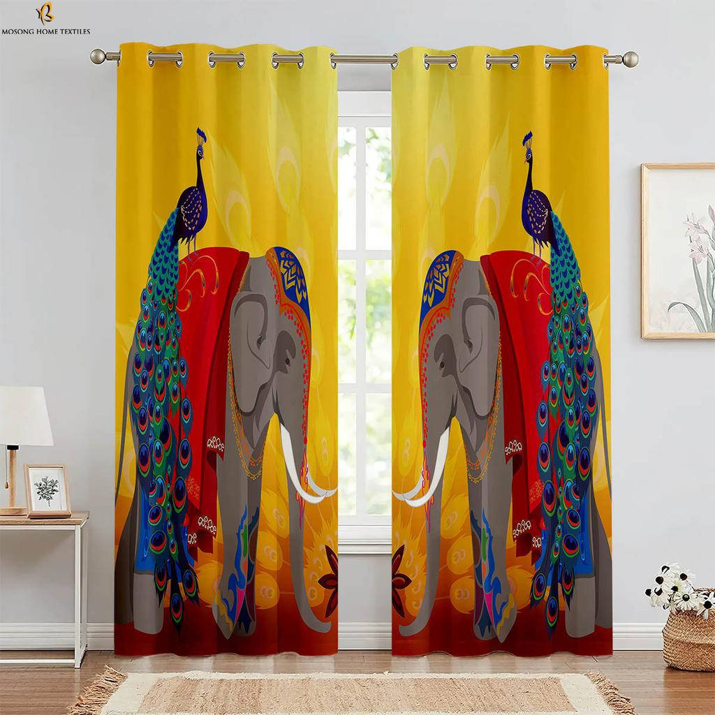 Set Of 2 European Retro Elephant Pattern Printed Curtains Polyester Bedroom Living Room Kitchen Curtain Machine Washable Ideal For Great