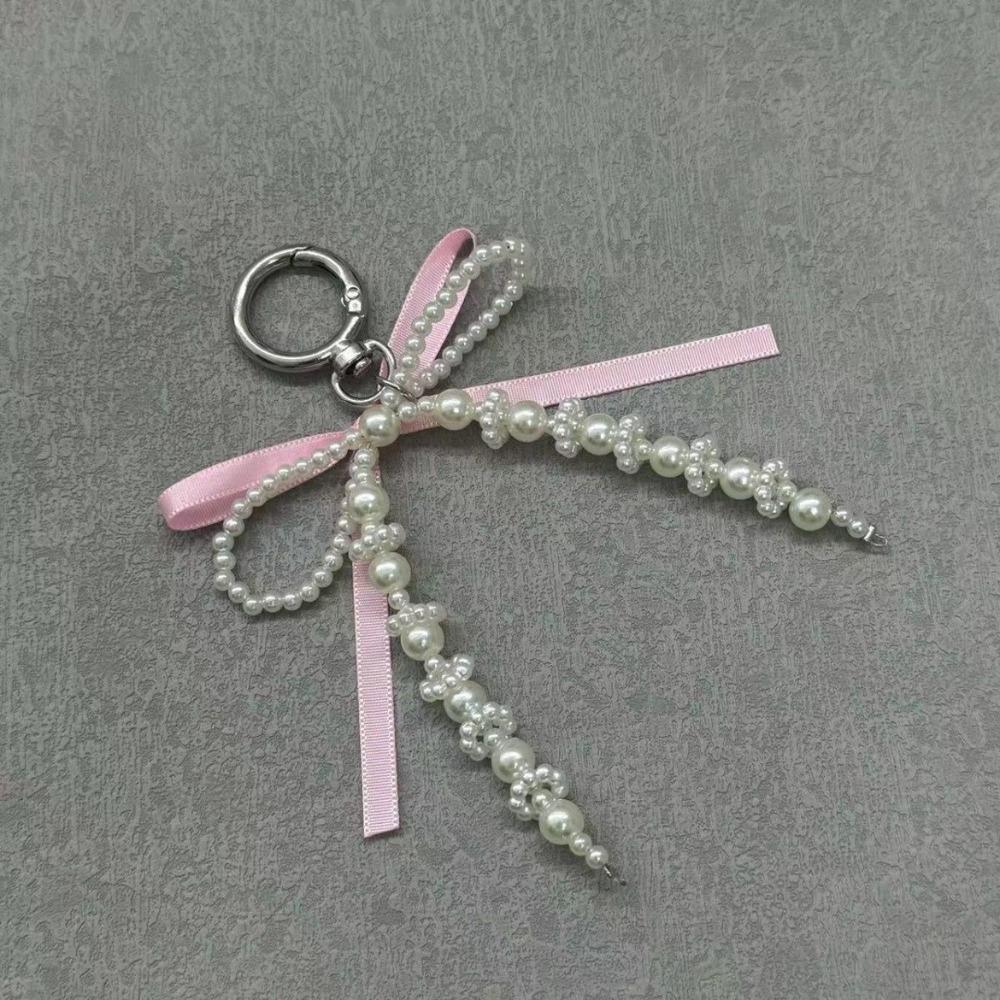 Sweet Bowknot Keychain Pearl Beads Bag Charm Fashion Ribbon Key Chain