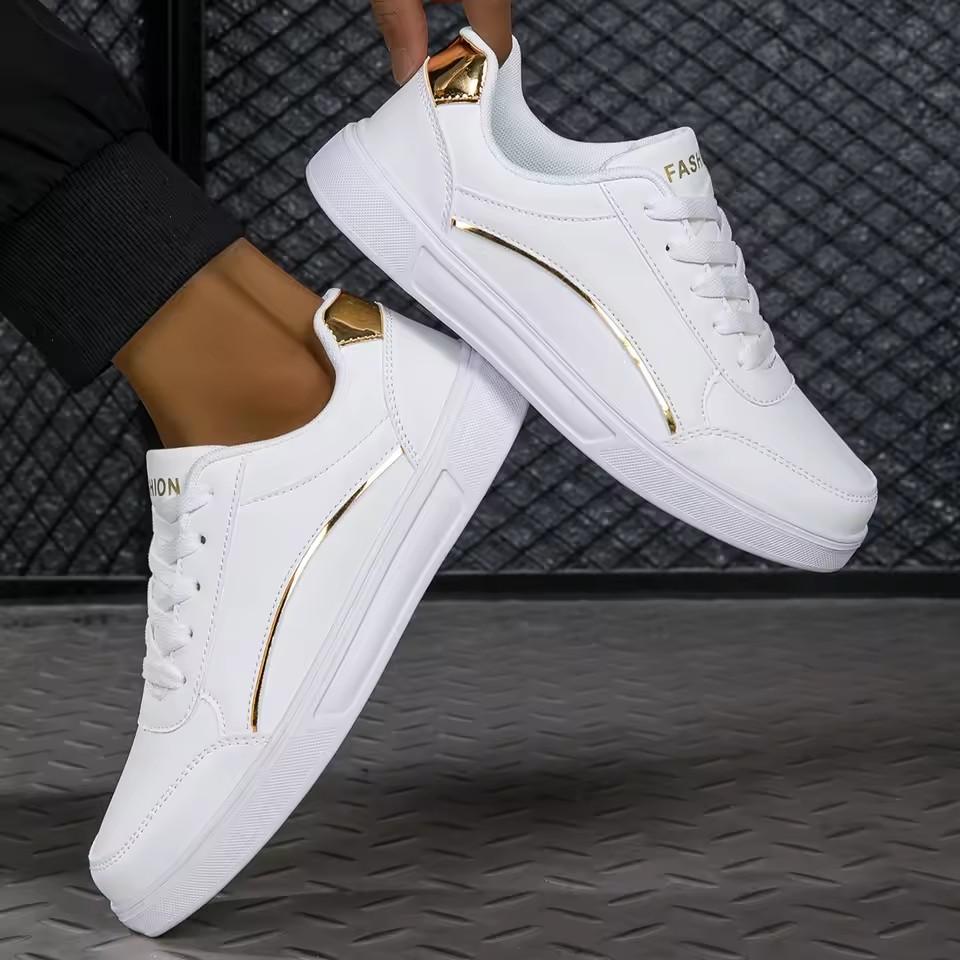 

Trendy Man White Shoes Pu Leather Men White Sneakers Breathable Skateboarding Shoes Summer Outdoor Walking Couple Casual Shoes 36 белого золота