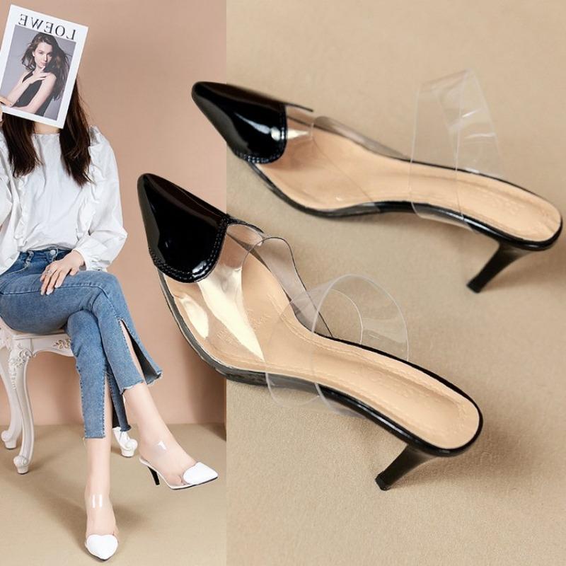 PVC Women Mules Pointed Toe Slip On Patchwork Hearts Patent Leather Elegant Thin High Heel Lady Pumps Sexy Party Slippers Summer